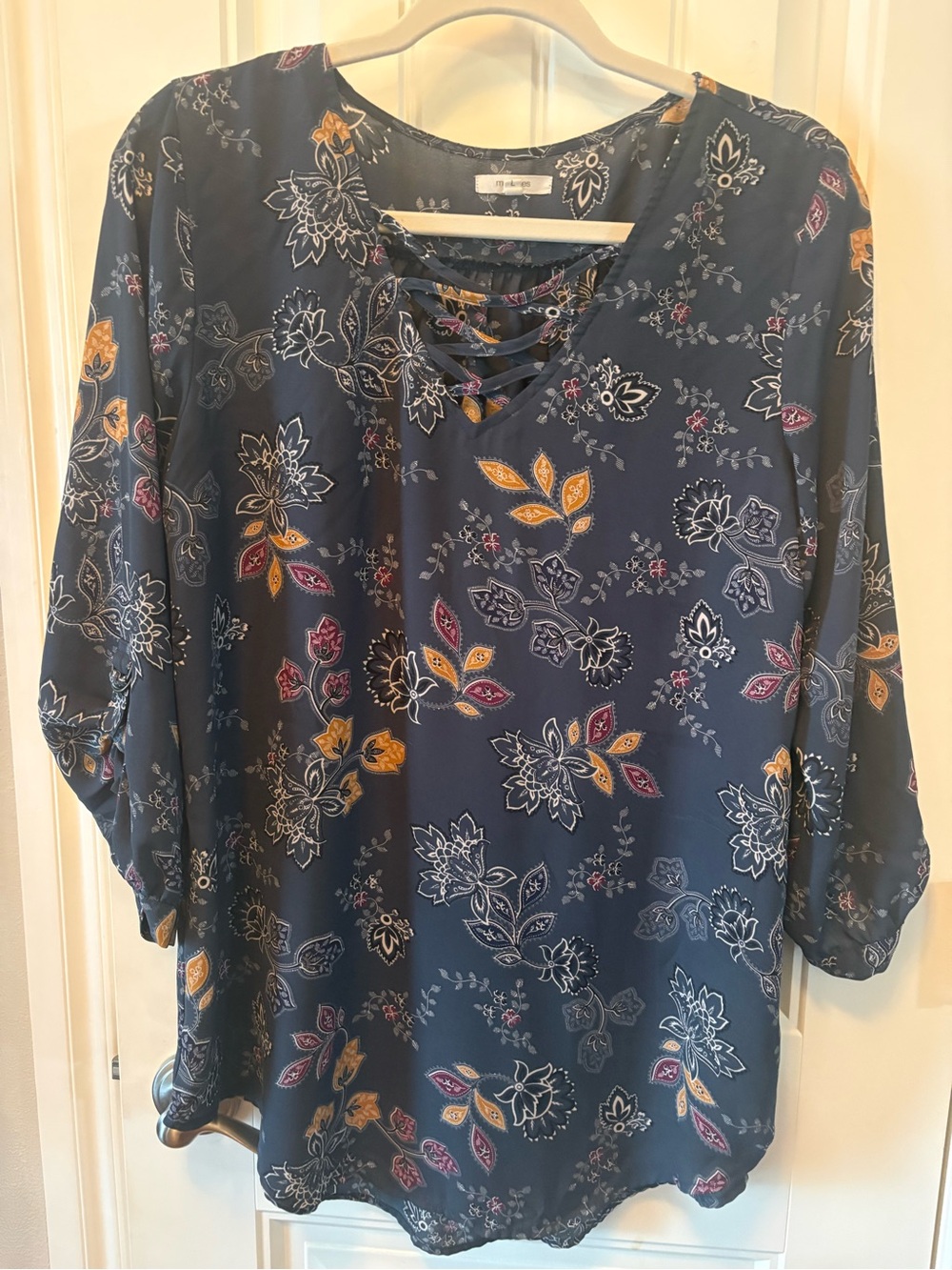 Maurices Navy Floral Lace-Up Tunic with Mustard & Pink Accents
